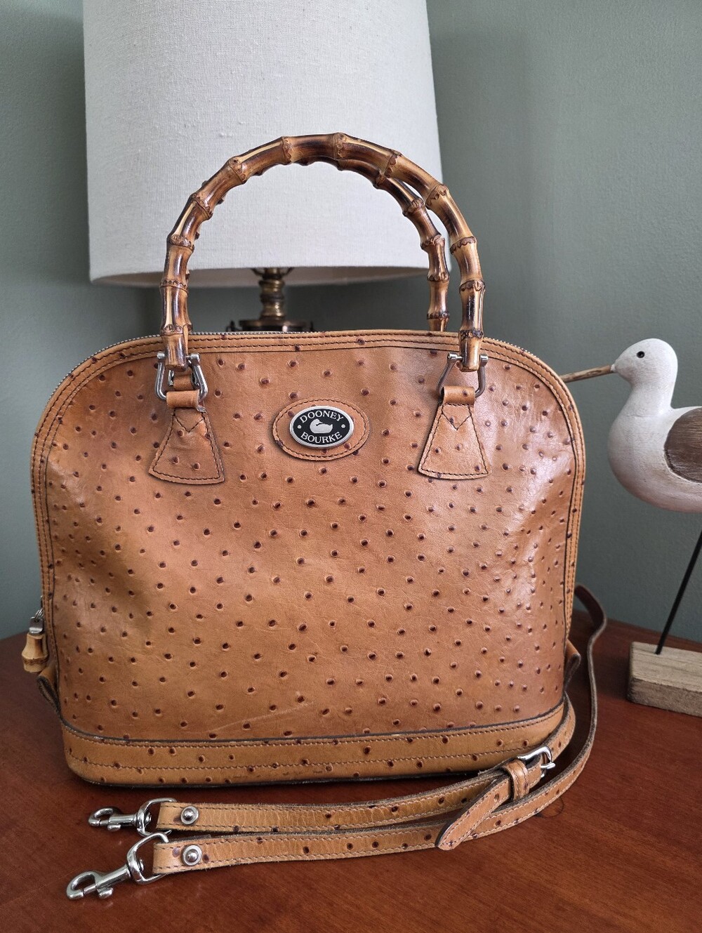 Vintage Dooney & Bourke Bayou Zip Domed Satchel Ostrich Embossed Leather Bamboo